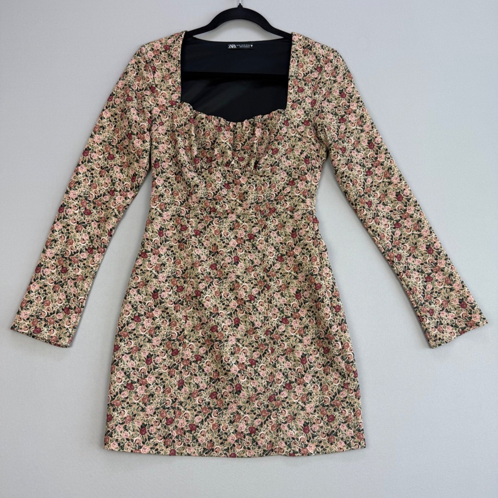 Zara Renaissance Floral Mini Dress Structured Long Sleeve Square Neck Ruched XS